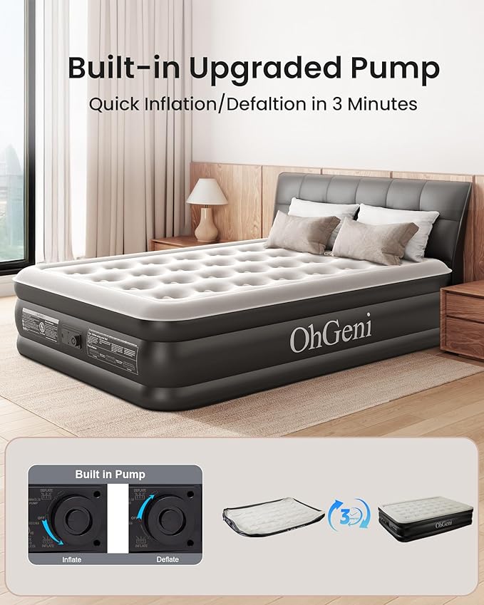 OhGeni Air Mattress Full with Built-in Pump, Portable Bed - Image 3