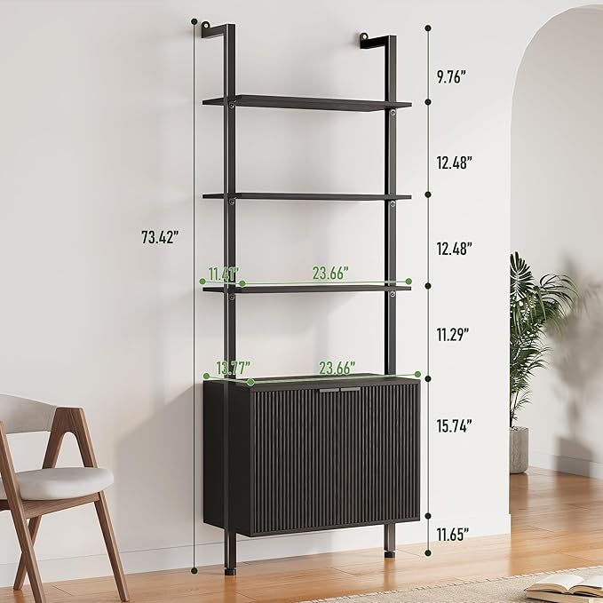 74" Tall Bookshelf with Storage Cabinet, Modern Ladder Shelf with Wood and - Image 2