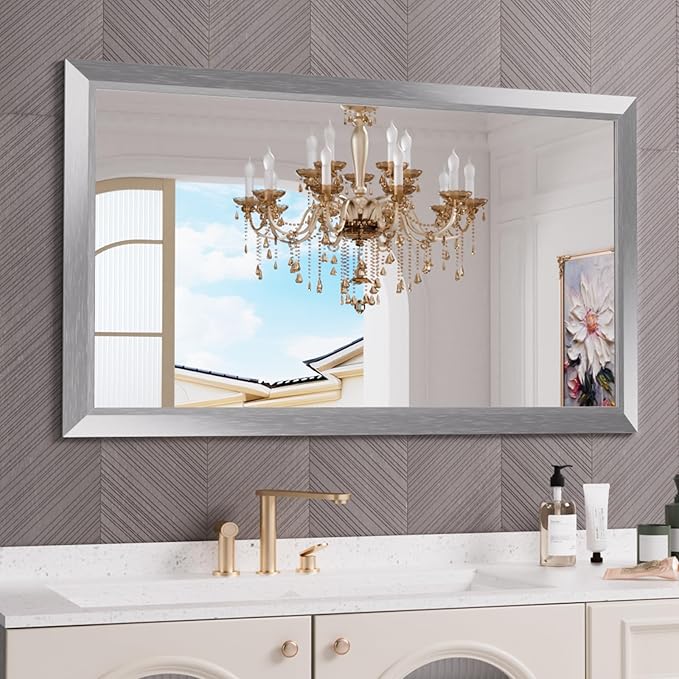 Amorho 50 X30 Inch Bathroom Mirror Silver, Thick Metal Framed Wall Mirrors by Amorho