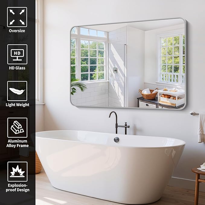 60x40 Inch Silver Bathroom Mirror, Large Rectangle Mirror, Metal Framed - Image 3