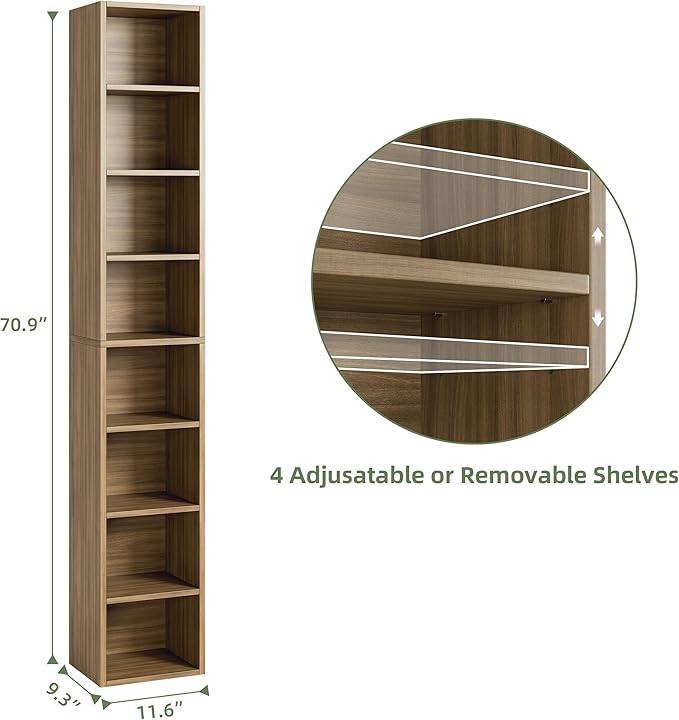 Bamjoy 71 Inches Tall Narrow Bookshelf, 8-Tier Slim CD DVD Media Shelf - Image 3