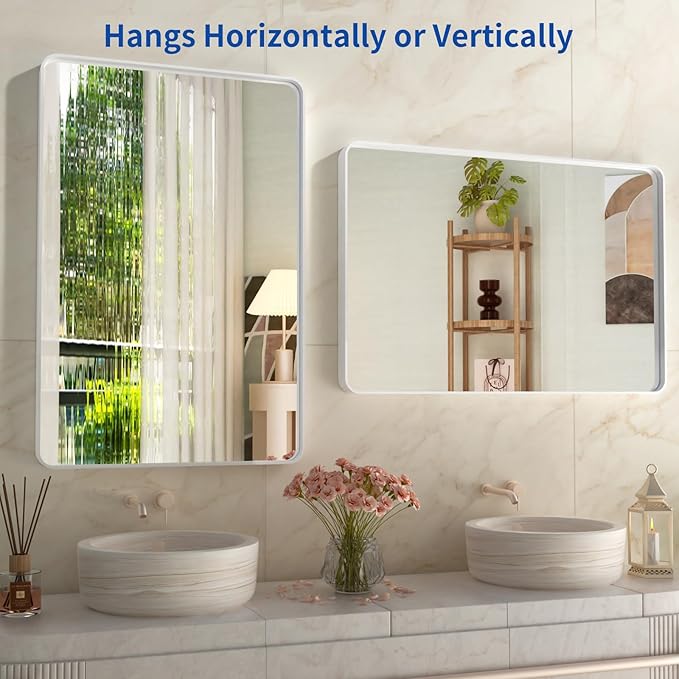 WEER White Bathroom Mirror 24X36 Inch, Rounded Rectangle White Metal Frame - Image 5