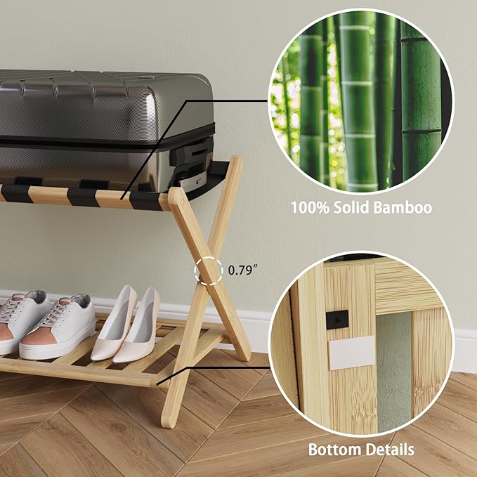 Fully Assembled Bamboo Luggage Rack, Heavy Duty Folding Suitcase Stand - Image 2