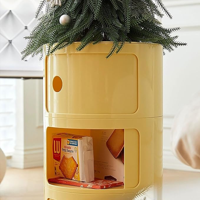3 Tier Round Nightstand with Drawers, Light Yellow Round Side Table Small - Image 5