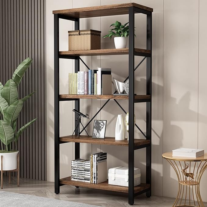 5 Tier Industrial Solid Wood Bookshelf, Open Etagere Bookcase by AY-AOYUAN