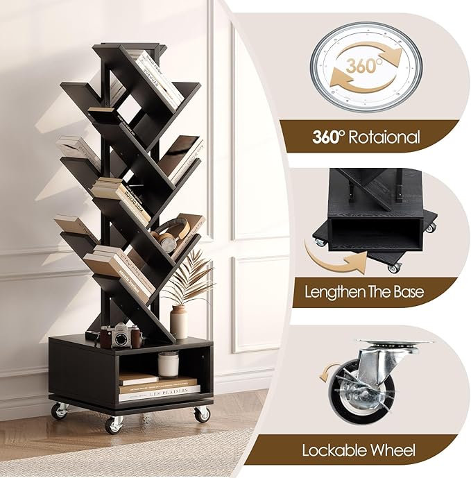 7 Tier Double Sided Rotating Tree Book Shelf, Floor Standing Wood Bookshelf - Image 4