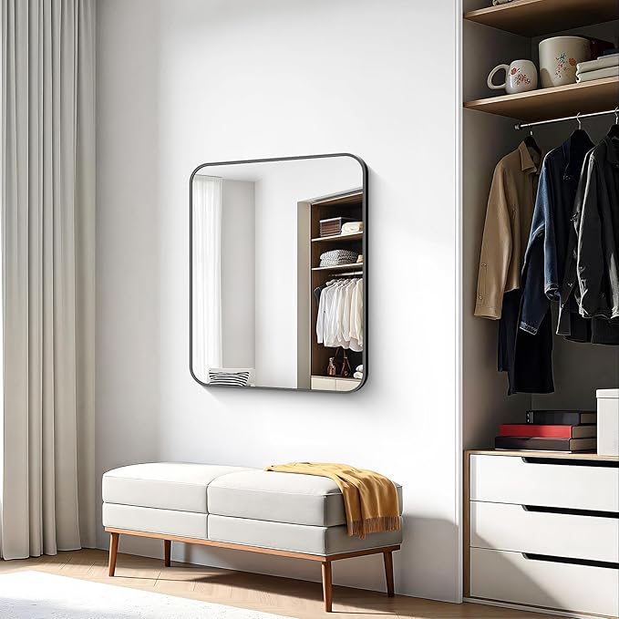 Bathroom Mirror, 36 x 30 inch Metal Framed Black Rectangle Mirror, Rounded - Image 8