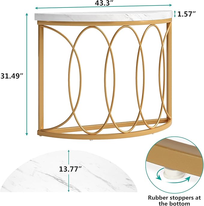 LITTLE TREE Half Moon Gold Console Table, 43 Inch Modern Faux Marble Entryway - Image 3