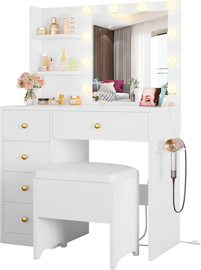 IRONCK Vanity Desk with Mirror and Lights, Small Makeup Vanity Table with 5 by IRONCK