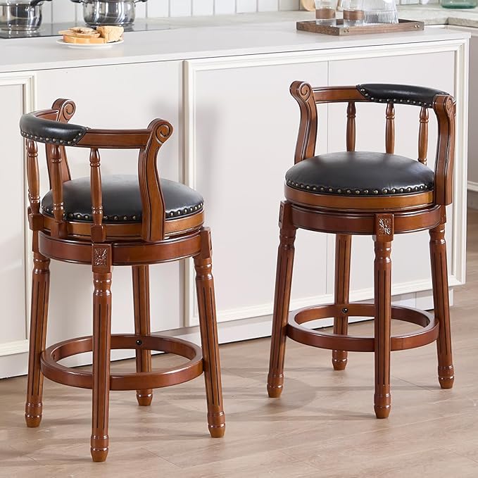 Cow top Leather Wooden Bar Stools, 360 Degree Swivel Bar Height Chair - Image 4