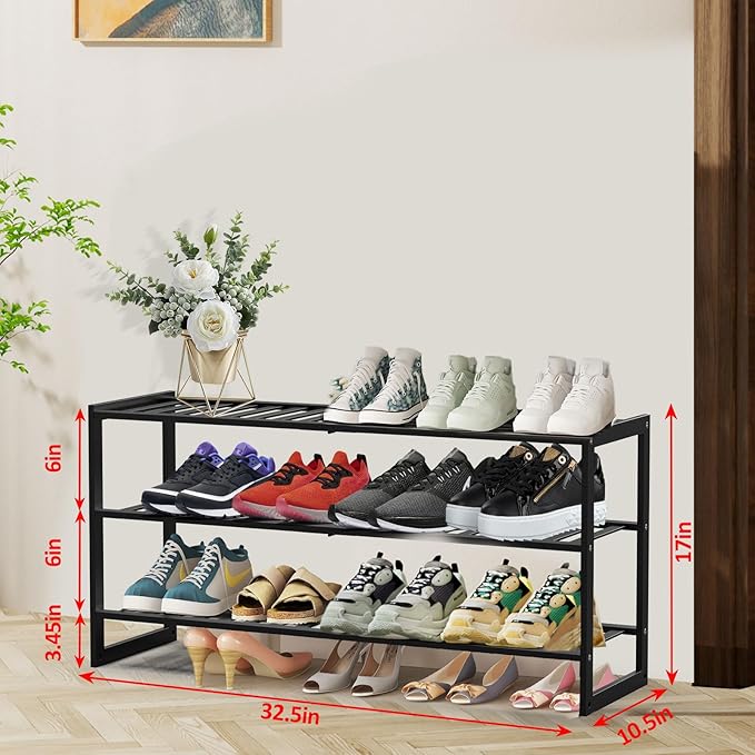 Bamboo Shoe Rack for Closet, Stackable 3 Tier Longer Shoe Organizer Shelf - Image 3