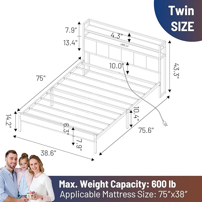 Twin Bed Frame with Headboard, Classic Metal Platform Bed Frame-LED Bed Frame - Image 2
