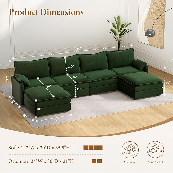 Vesgantti 142" U Shaped Sectional Couch, Comfy Cloud Modular Sectional Sofa - Image 2