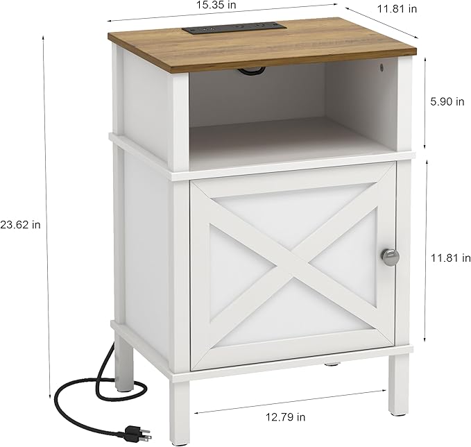 Farmhouse Nightstand with Charging Station, End Table with Storage, Night Stand - Image 3