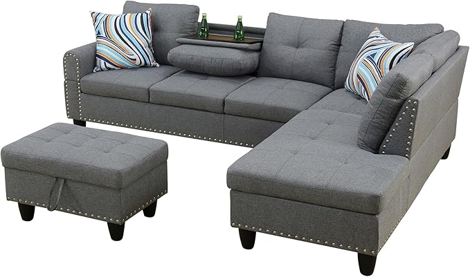 Couches for Living Room Modern L Shaped Couch Comfy Linen Fabric 3 Pieces - Image 3