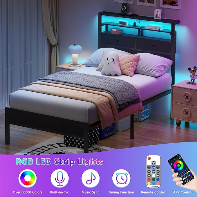 Furnulem Twin Bed Frames with Charging Station and LED Lights, Wood Headboard - Image 4