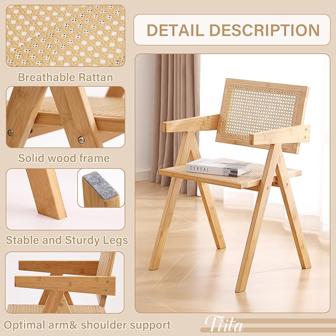 Tiita Rattan Accent Chairs, Mid Century Modern Dining Chairs Set of 2, Bamboo - Image 8