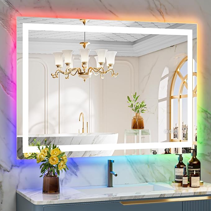 44x32 Inch RGB LED Bathroom Mirror Front Light and RGB Backlit Lighted Vanity by YEELAIT