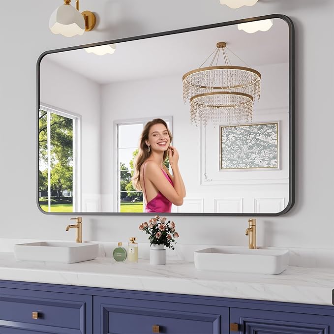 Koonmi Bathroom Mirror, 36X55 Inch Black Metal Framed Mirror by KOONMI
