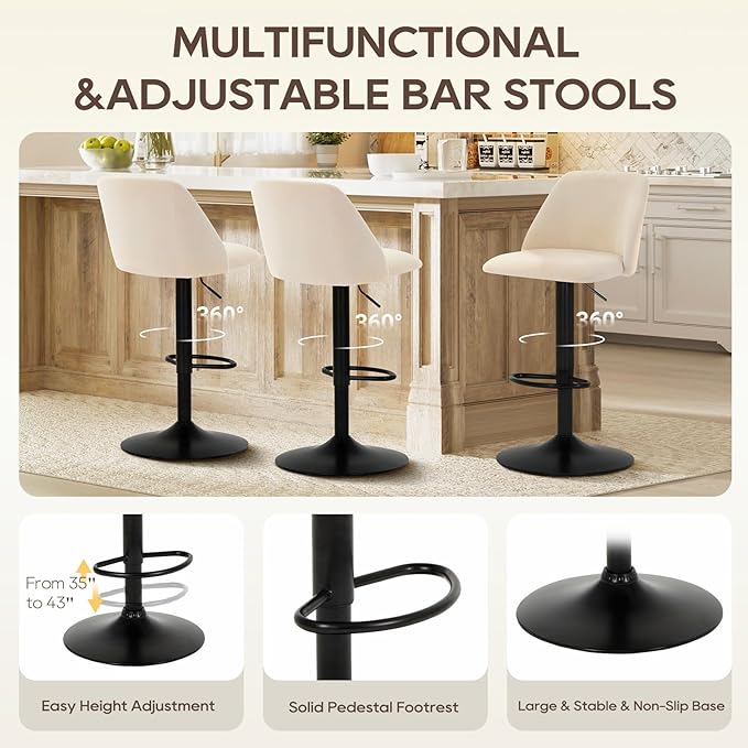 COLAMY Bar Stools Set of 3, Modern Swivel Bar Chairs, Adjustable Upholstered - Image 4