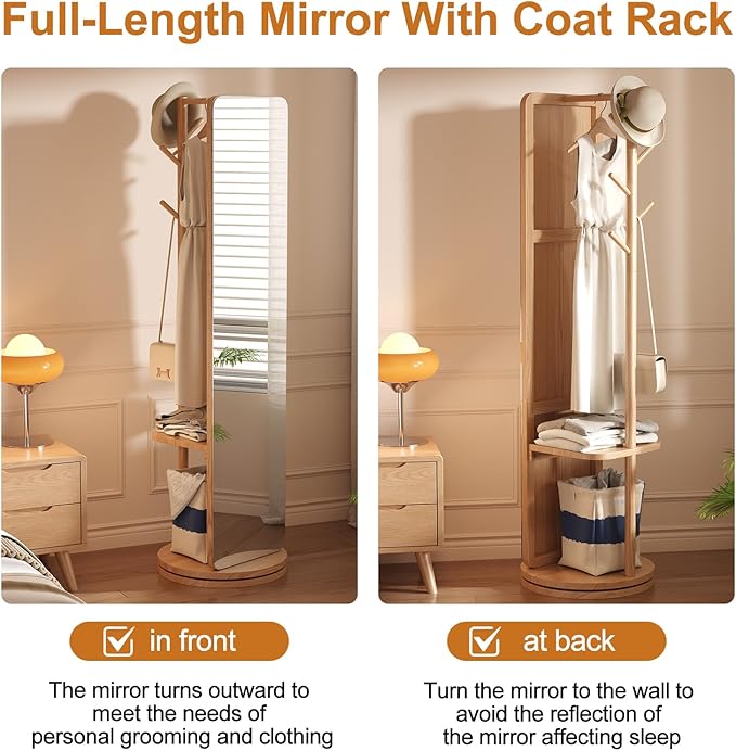 70"x16"Full Length Mirror with Stand, Coat Rack with Mirror, Solid Wood Floor - Image 8