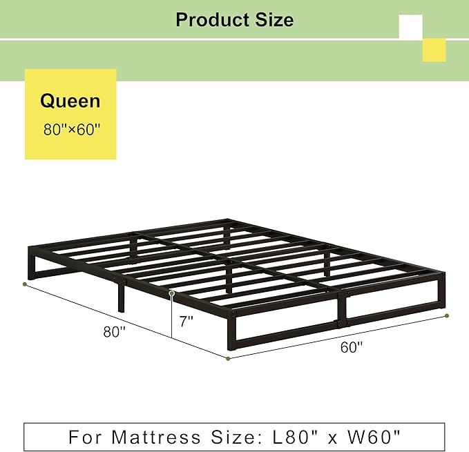 EMODA 7 Inch Queen Bed Frame No Box Spring Needed Heavy Duty Metal Platform - Image 2