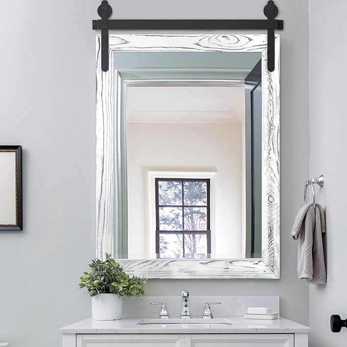 YOSHOOT Farmhouse Barn Door Mirror, Wooden Farmhouse Style by YOSHOOT