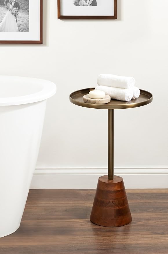 Kate and Laurel Tira Elegant Round Side Table, 14 x 24, Brass and Walnut Brown - Image 4