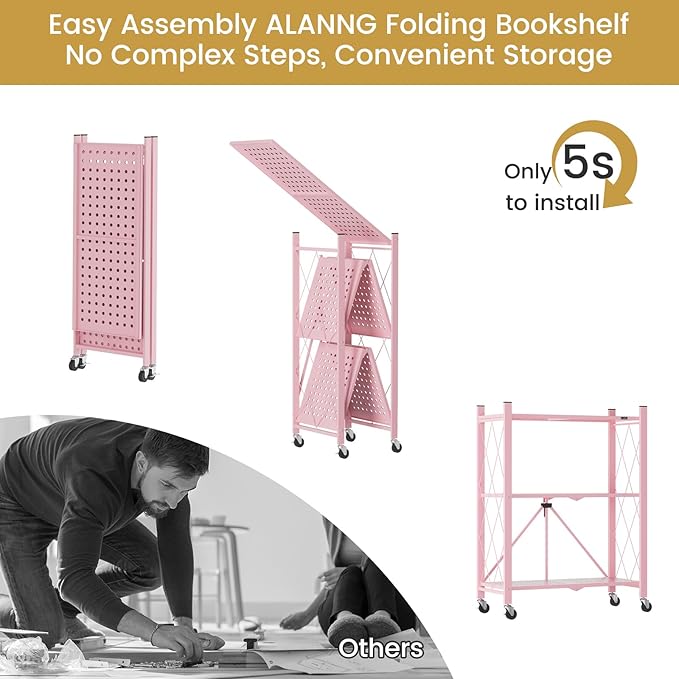 ALANNG Storage Shelves with Wheels, Bookshelf with Storage, No Assembly Metal - Image 5