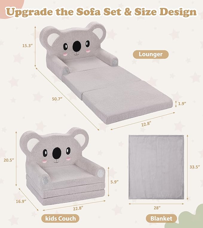 Kids Couch, 2-in-1 Soft Toddler Couch Fold Out - Image 3
