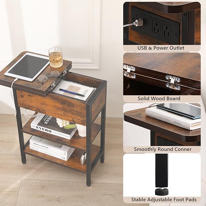 Modern End Table with Charging Station, Narrow Side Table with USB Ports & - Image 5