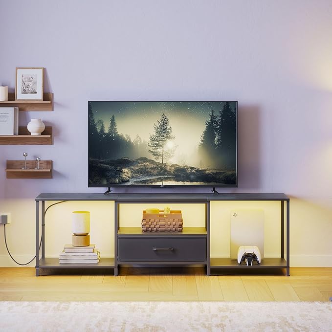 TV Stand with LED Lights, Entertainment Center with Open Shelves and Fabric - Image 2
