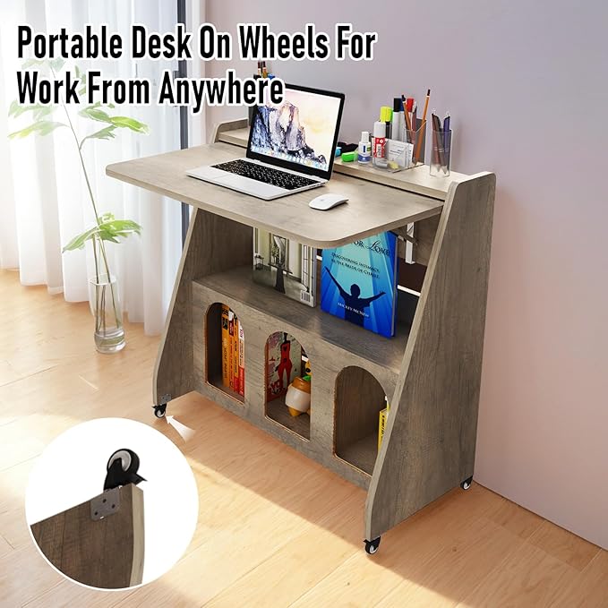 Pmnianhua Portable Mobile Desk on Wheels, Mobile Workstation, Rolling Computer - Image 7