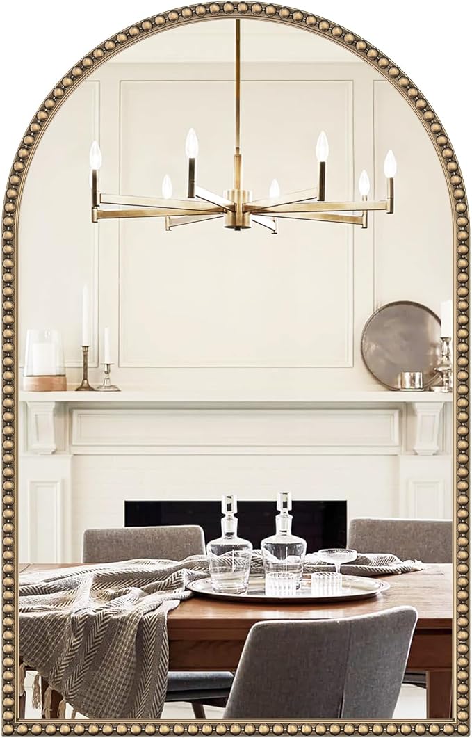 Beaded Arched Mirror for Wall, Retro Brass Metal Frame Decorative Mirror for by Brauthon