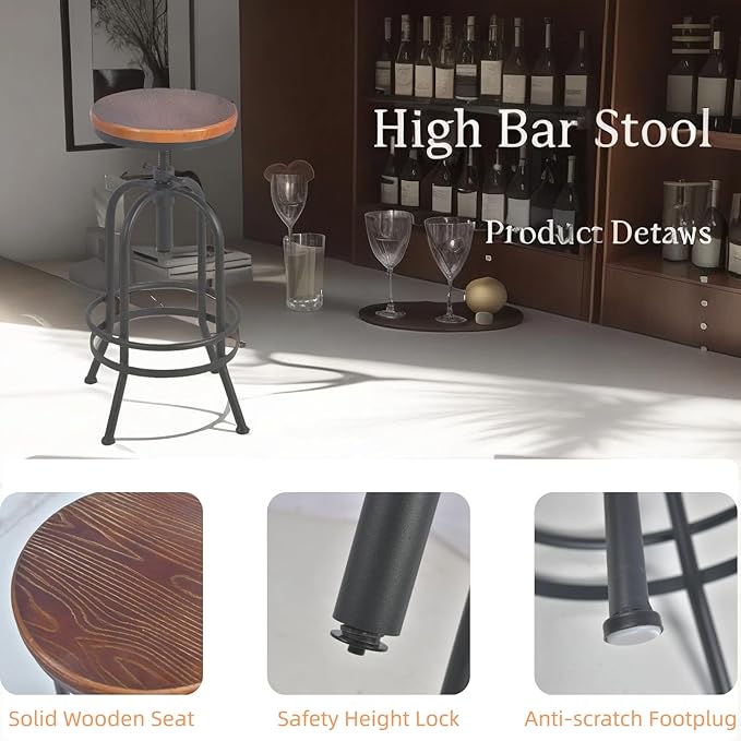 Set of 2-Industrial Bar Stool-Retro 26-32.3inch Swivel Stools-Extra Tall - Image 4