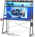 Small Gaming Desk with Hutch and LED Lights, Gaming Computer Desk with Power by Besiost
