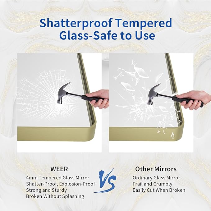 WEER Gold Bathroom Mirror, 55X30 Inch Brushed Gold Metal Frame Mirror, Rounded - Image 4