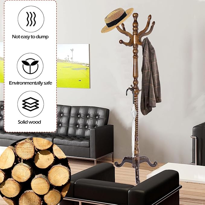 Coat Racks Free Standing with 11 Hooks, Natural Wood Coat Stands - Image 2