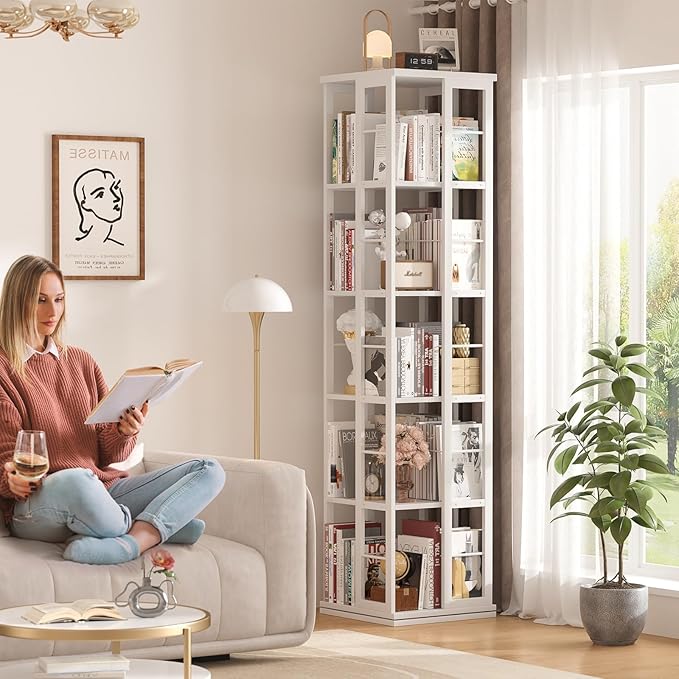 Aheaplus Rotating Bookshelf, Corner Bookcase, 360 Display Wood Spinning - Image 2