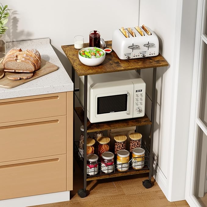 Microwave Cart with Storage, 3-Tier Rolling Kitchen Stand with Wire Basket - Image 6