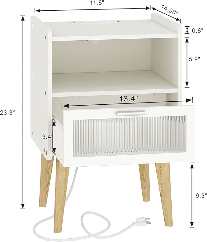 Nightstand with Charging Station, Bedside Tables, End Table Side Table with 2 - Image 3