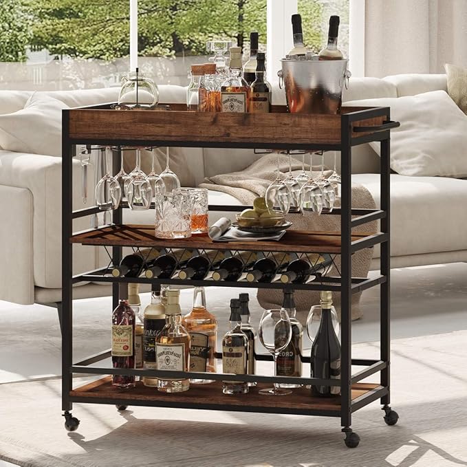 BON AUGURE Bar Cart for The Home, Rolling Home Bar Serving Cart on Wheels - Image 2
