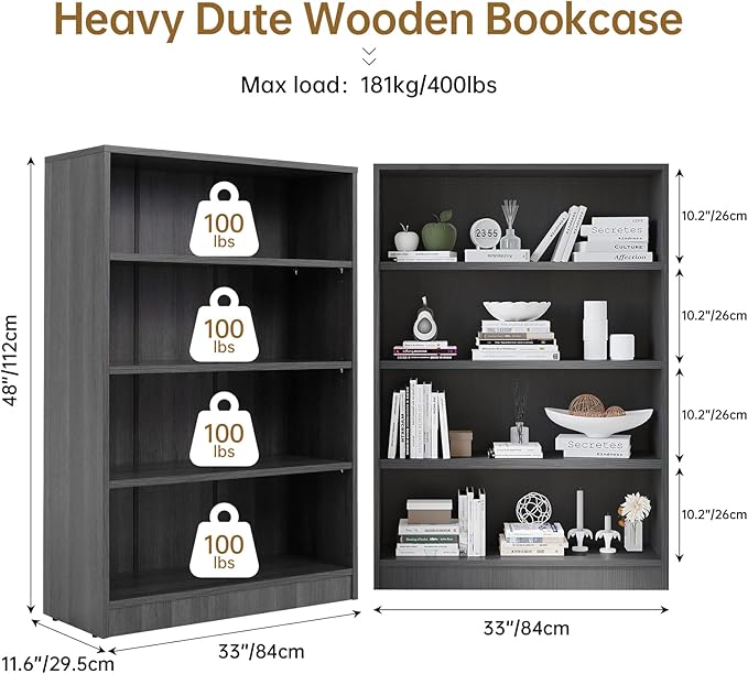 Wooden Bookcase with Adjustable Shelves, 4 Tier Wooden Bookshelf - Image 2