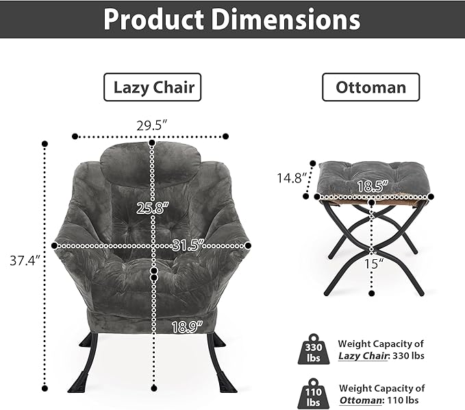 Lazy Chair with Folding Ottoman, Accent Chair Plush Upholstered with Metal - Image 3