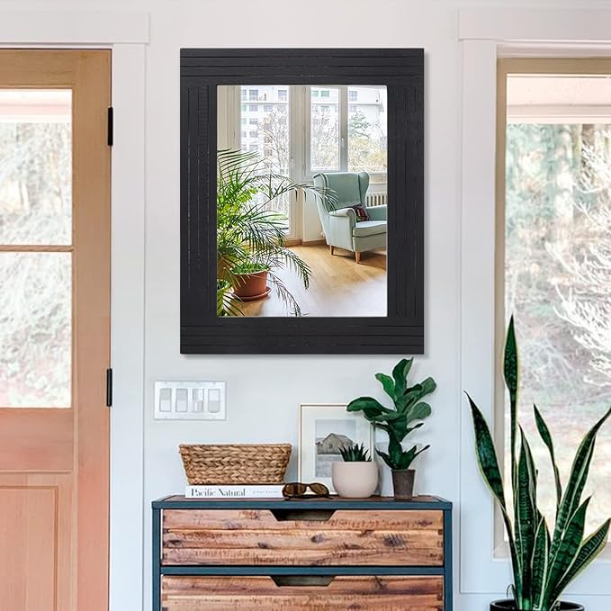 Black Wall Mirror Rectangular Vintage Rustic Wood Framed Large Mirror Deco - Image 3