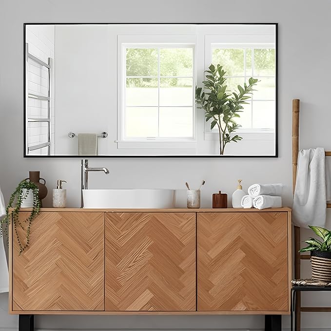 Modern 26"L x 40"W Black Wall Mounted Mirror, Rectangular, Thickened Stainless by KIMREAL