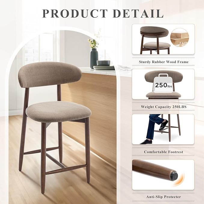 COLAMY Bar Stools Set of 2, Counter Height Barstools, Upholstered Counter Stools - Image 6