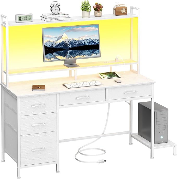 Computer Gaming Desk with Hutch, Home Office Desk with Power Outlets, LED Light by Korfile