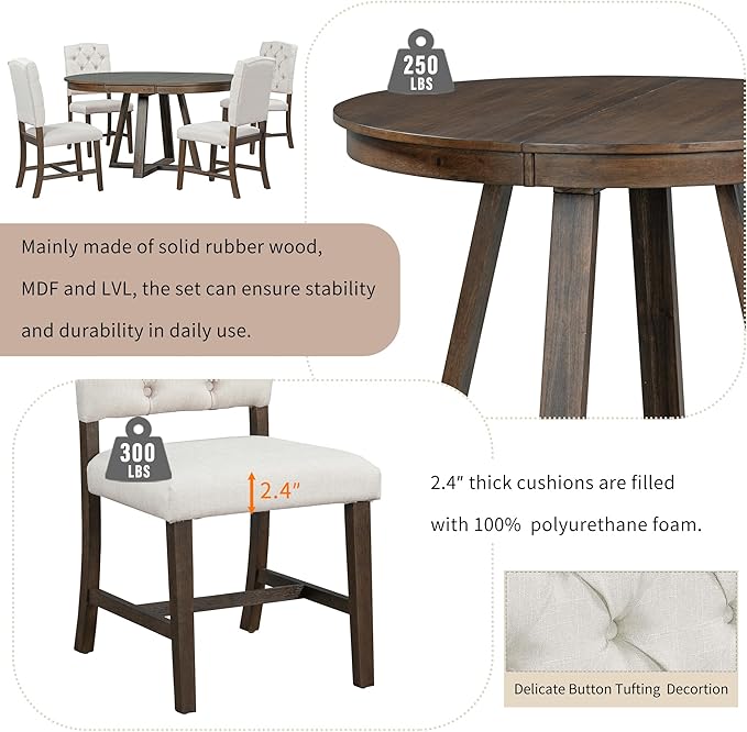 5 Pieces Dining Table Set with 42" Table, Living Room Furniture W/ 4 - Image 7