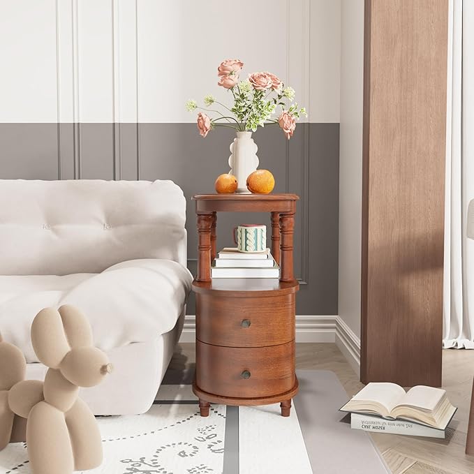 Wood End Table with 2 Drawers and Storage Shelf, Narrow Sofa Side Table - Image 4